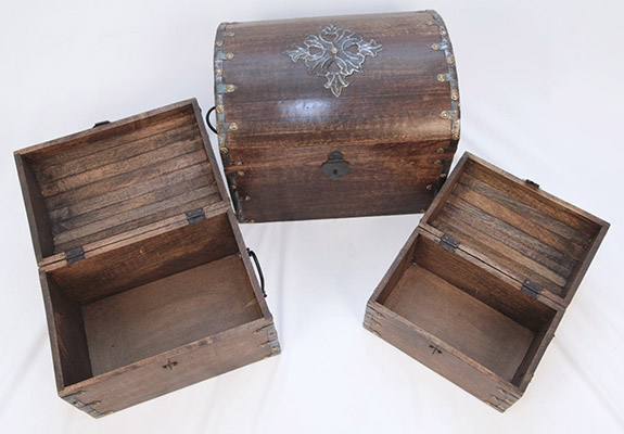 Mango Wood Domed Set Of 3 Boxes With Metal Metal Overlay - Click Image to Close
